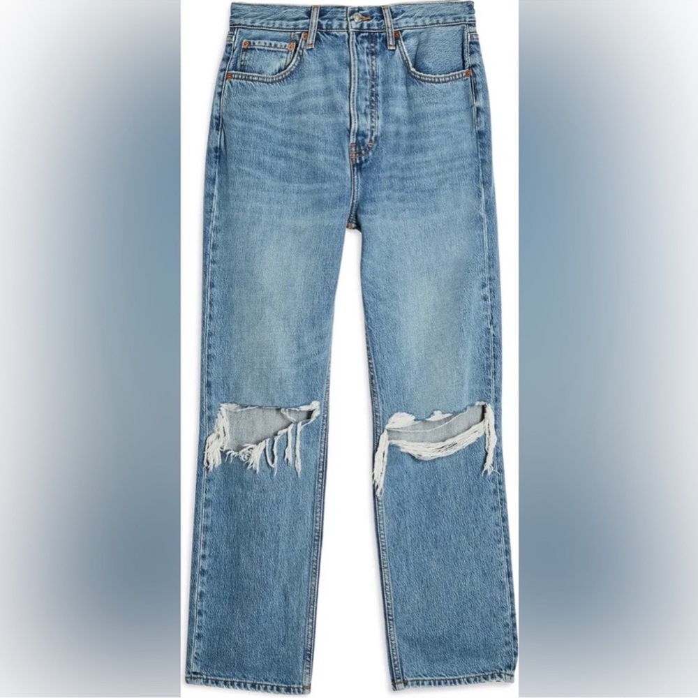 Topshop Blue Straight-Leg Jeans with Distressed Knees